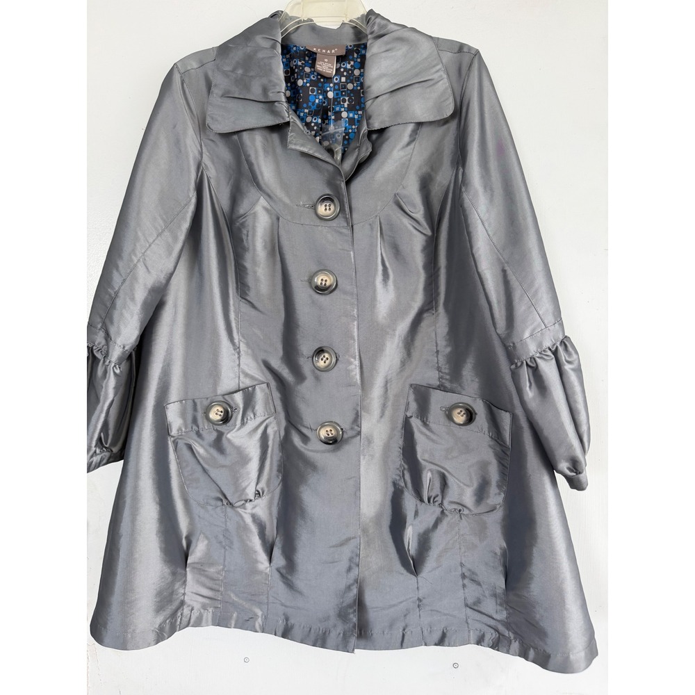 Kenar Womens Metallic Silver Swing Coat Puff Sleeve Portrait Collar Jacket Sz 10
